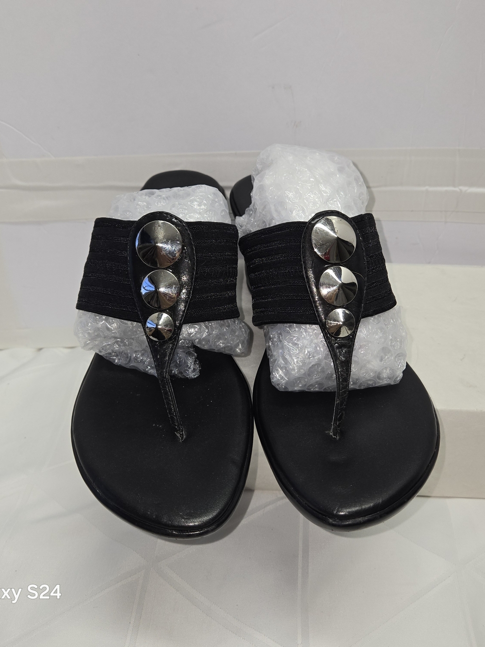 Black Wedge Thong Sandals with Decorative Accent - Women's - Picture 3 of 12